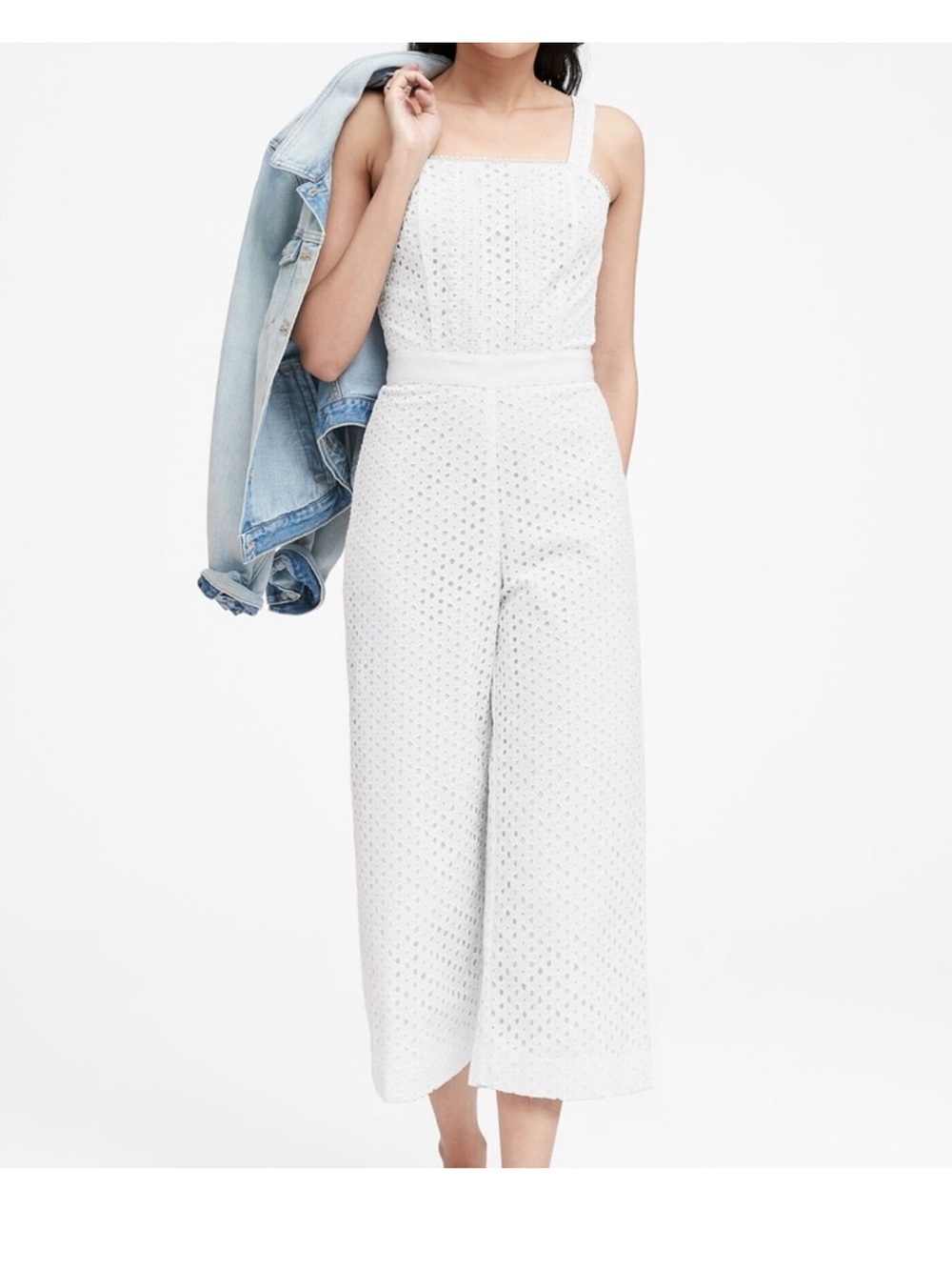 🤍 Banana Republic Elevated Eyelet Lace Jumpsuit Size 6 White Wide Leg 🤍